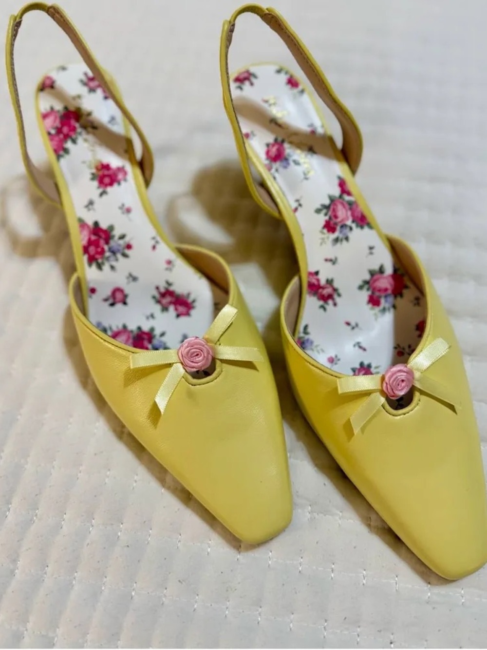 For Love And Lemons Lemon Yellow Slingback Heels with Pink Rose Detail